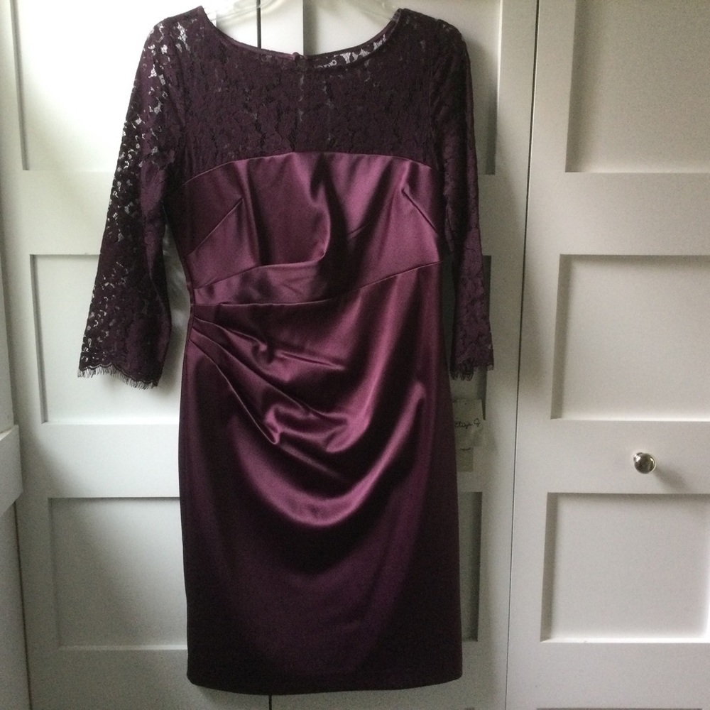 Eliza J Wine Satin & Lace Wedding Bridesmaid Special Occasion Dress - Picture 2 of 5
